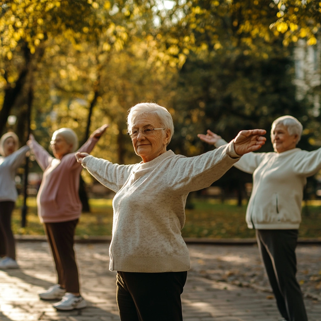 Група пенсіонерів займається гімнастикою в парку