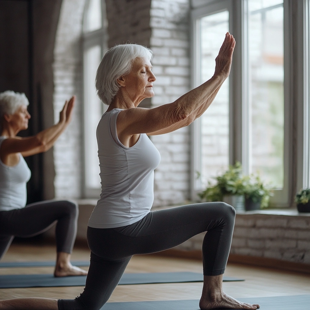 Пенсіонери займаються йогою в залі
